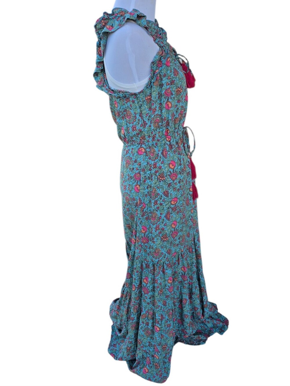 Natural Life Ruffled And Tassle Maxi Dress Teal Pink Orange Green Size XS - Picture 5 of 6